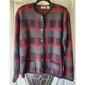 VTG. Navy & Red Plaid Rib Knit Cardigan Gold Buttons Size XL Holiday